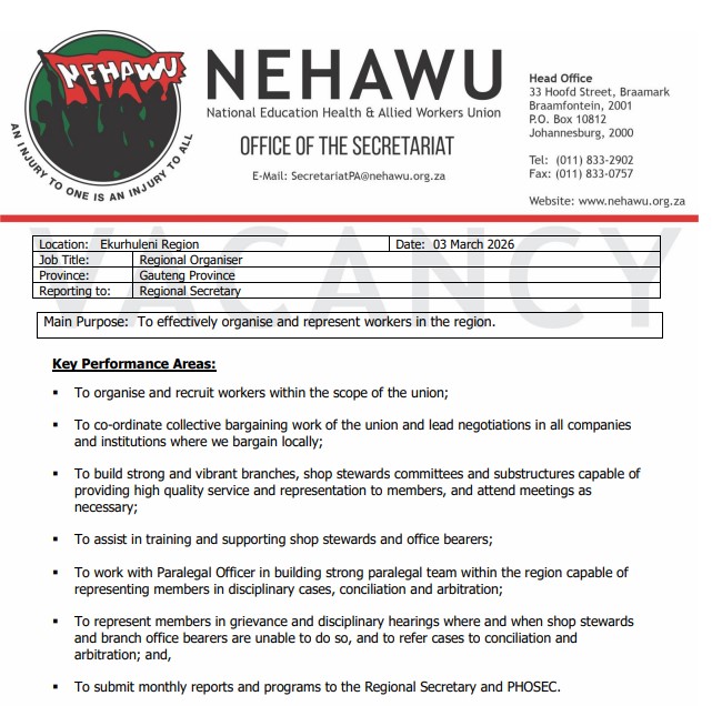 Ekurhuleni Regional Organiser vacancy